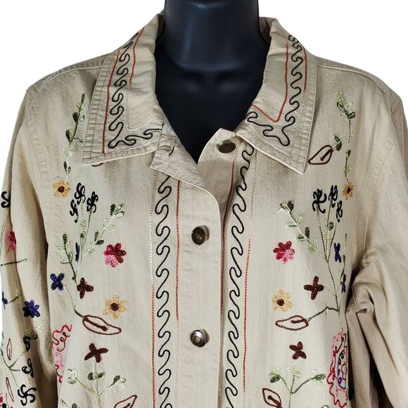 Denim & Co. Womens Beige Embroidered Button Shirt Jacket 1X Floral Long Sleeve - Picture 4 of 14